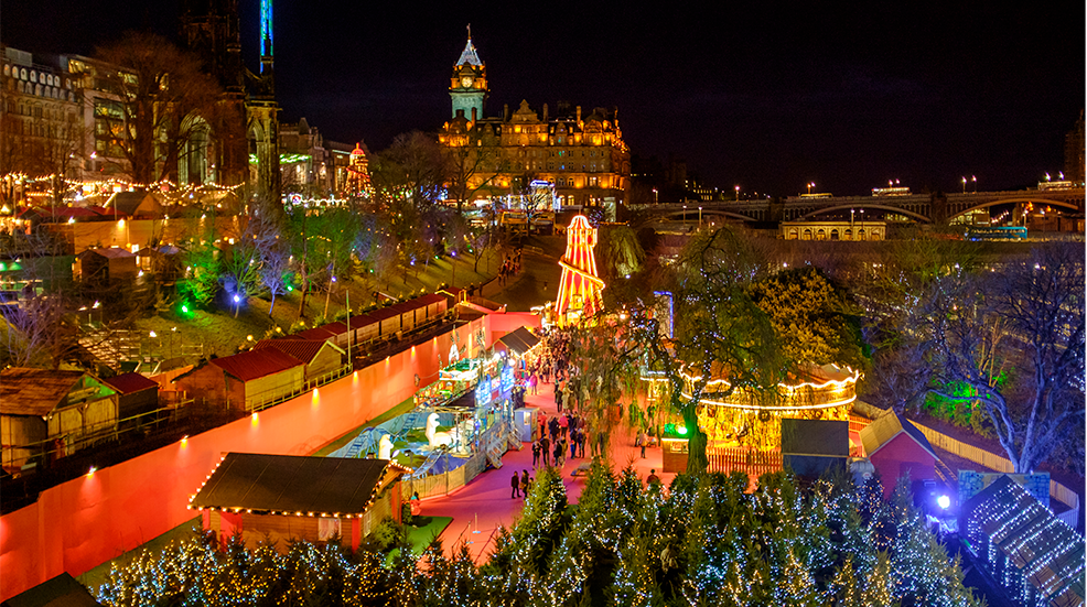 Birdseye view across Edinburgh's Christmas market on Princes Street